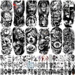 JEEFONNA 82 Sheets Temporary Tattoo for Men Women Adults, Include 12 Sheets Black 3D Half Sleeve Temporary Tattoos, Halloween Tattoos Scary Lion Wolf Tiger Skull Skeleton Tattoos Stickers