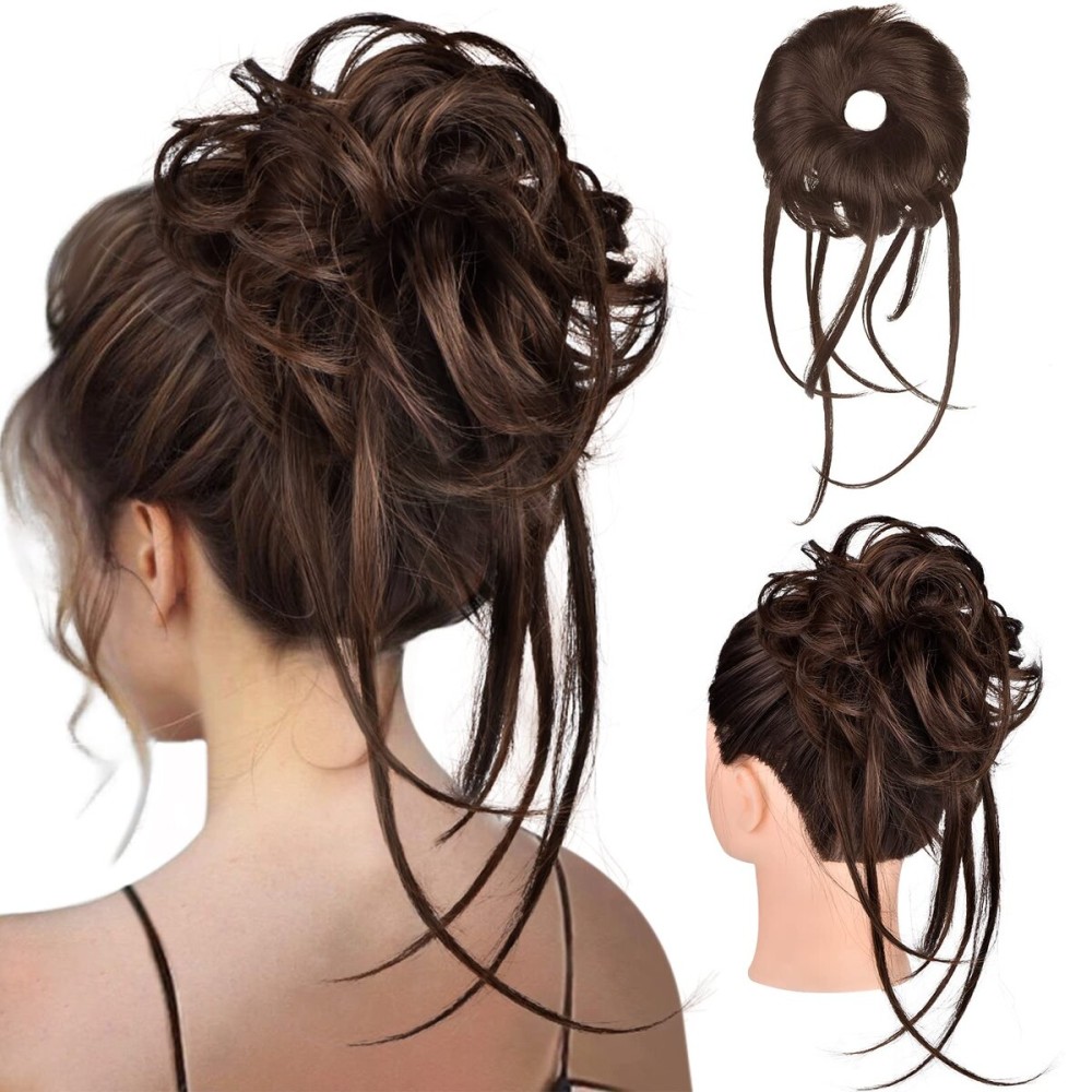HOOJIH Messy Bun Hair Piece - Super Long Tousled Updo Hair Bun Extensions with Elastic Hair Band HB007 Grace - Warm Brown with Little Black Mixed