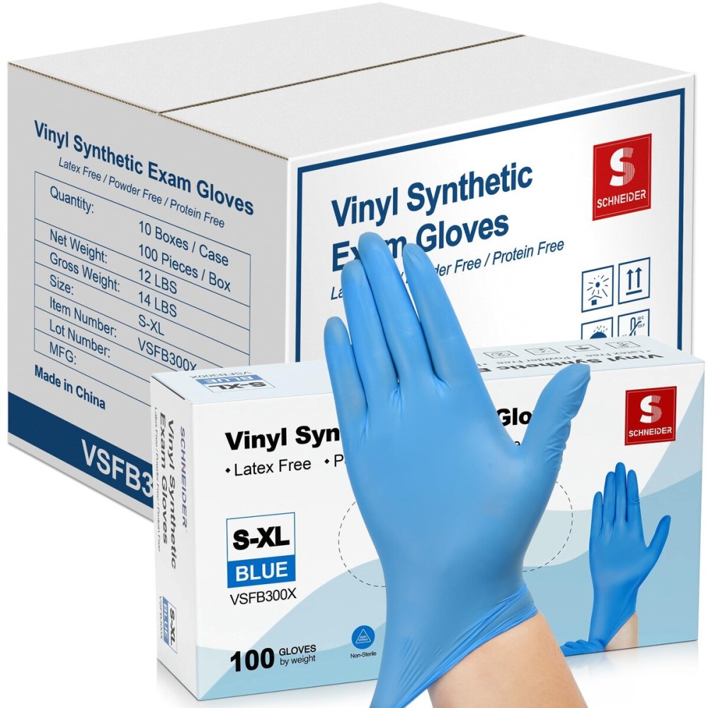 Schneider Blue Vinyl Synthetic Exam Gloves, Small, Case of 1000, 4-mil, Powder-Free, Latex-Free, Non-Sterile, Disposable Gloves