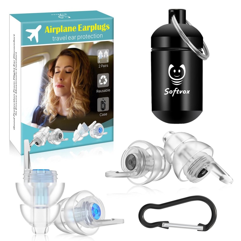 Softvox Airplane Ear Plugs Pressure Relief Earplugs 2 Pairs, Prevent Ear-Pain & Reduce Noise 25dB - Flight Essentials, Reusable Soft Plane Earbuds for Adult/Kids 12+, Travel Ear Protection Air Plugs