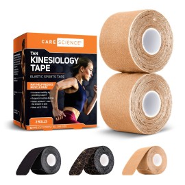 Care Science Waterproof Kinesiology Tape, Precut Water Resistant Strips, Elastic Athletic Tape for Sports & Weightlifting, Supports Muscles & Joints, Muscle Strain Relief, Tan, 2 Rolls, 40 Count
