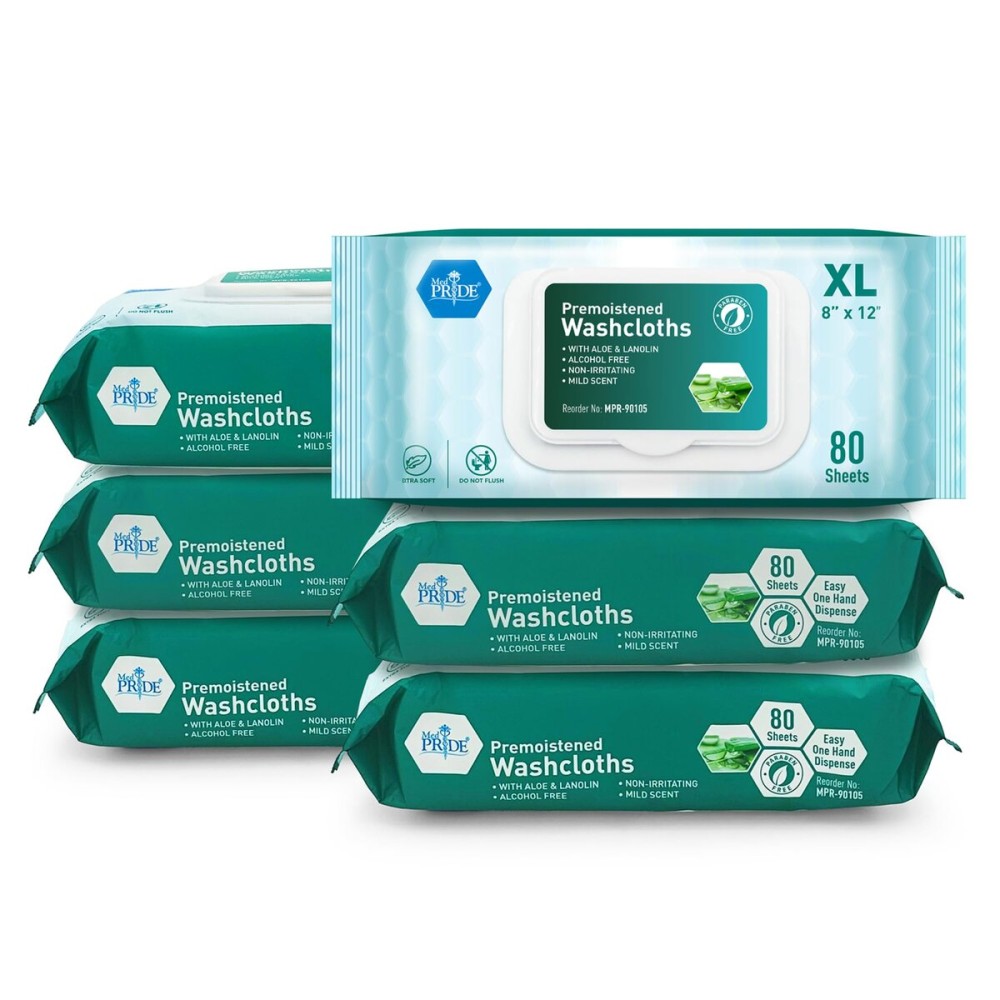 MED PRIDE Extra Soft XL Premoistened Disposable Adult Washcloths 8 X 12 Bath Wipes for Sensitive Skin with Aloe Vera, Case of 480 (80ct, Pack of 6)