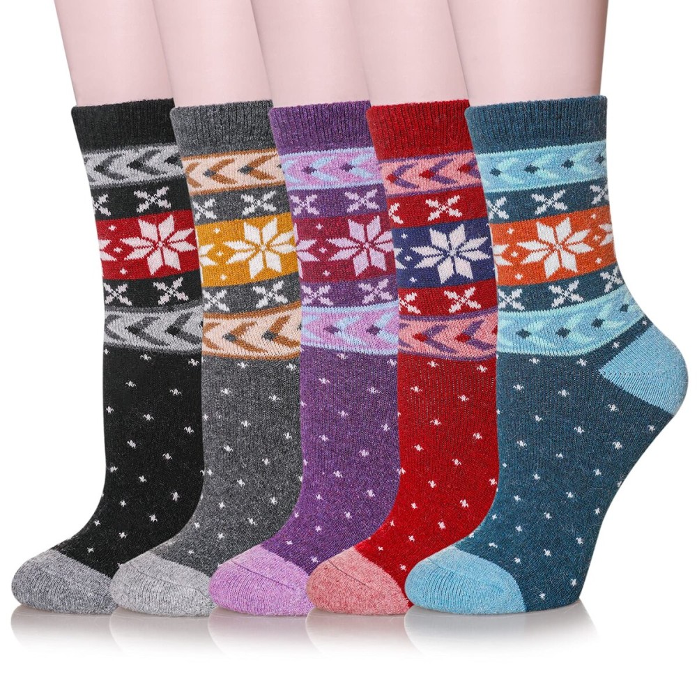 Velice Wool Socks for Women Merino Wool Boot Hiking Thick Thermal Warm Winter Crew Cushion Cozy Work Socks 5 Pairs(Snowflake-01)