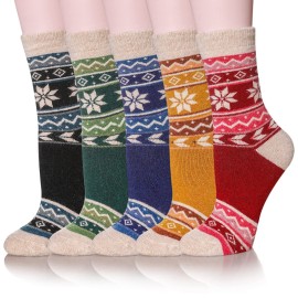 Velice Women Wool Socks Thick Thermal Hiking Warm Winter Crew Cushion Cozy Work Boot Socks 5 Pairs(Snowflake-03)