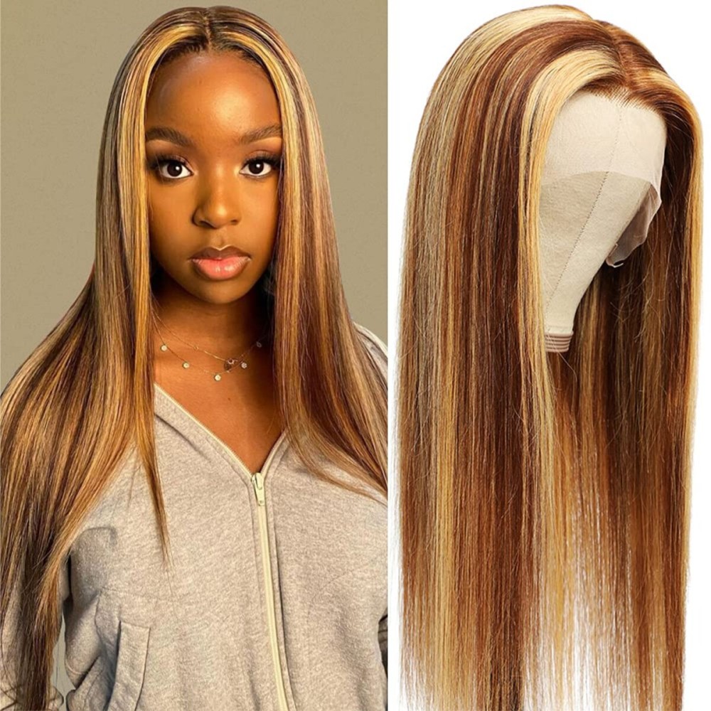Subella HD Transparent Highlight Lace Front Wigs Human Hair for Black Women 180% Density Brazilian 4/27 Straight Human Hair Wigs Pre Plucked Hairline with Baby Hair (16inch)