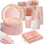 AIRE 350PCS Pink and Gold Party Supplies, Severs 50 Disposable Partyware, Gold Plastic Cutlery, Napkins, Plates for Baby Shower, Birthday, Wedding