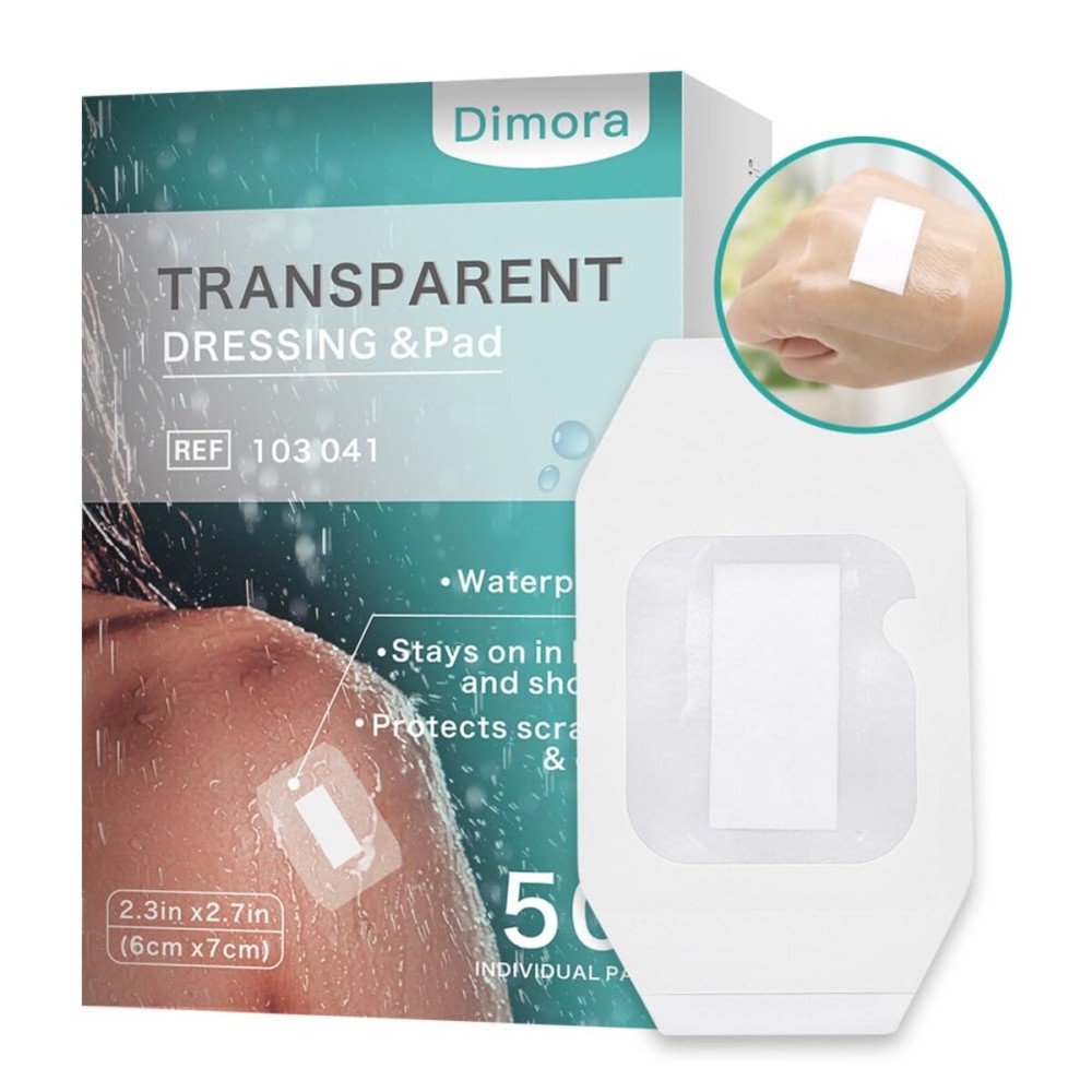 Dimora Transparent Film Dressing with Pad 50 Pack, 2.3x2.7 Waterproof Adhesive Bandages Post Surgical Wound Cover Barrier Film