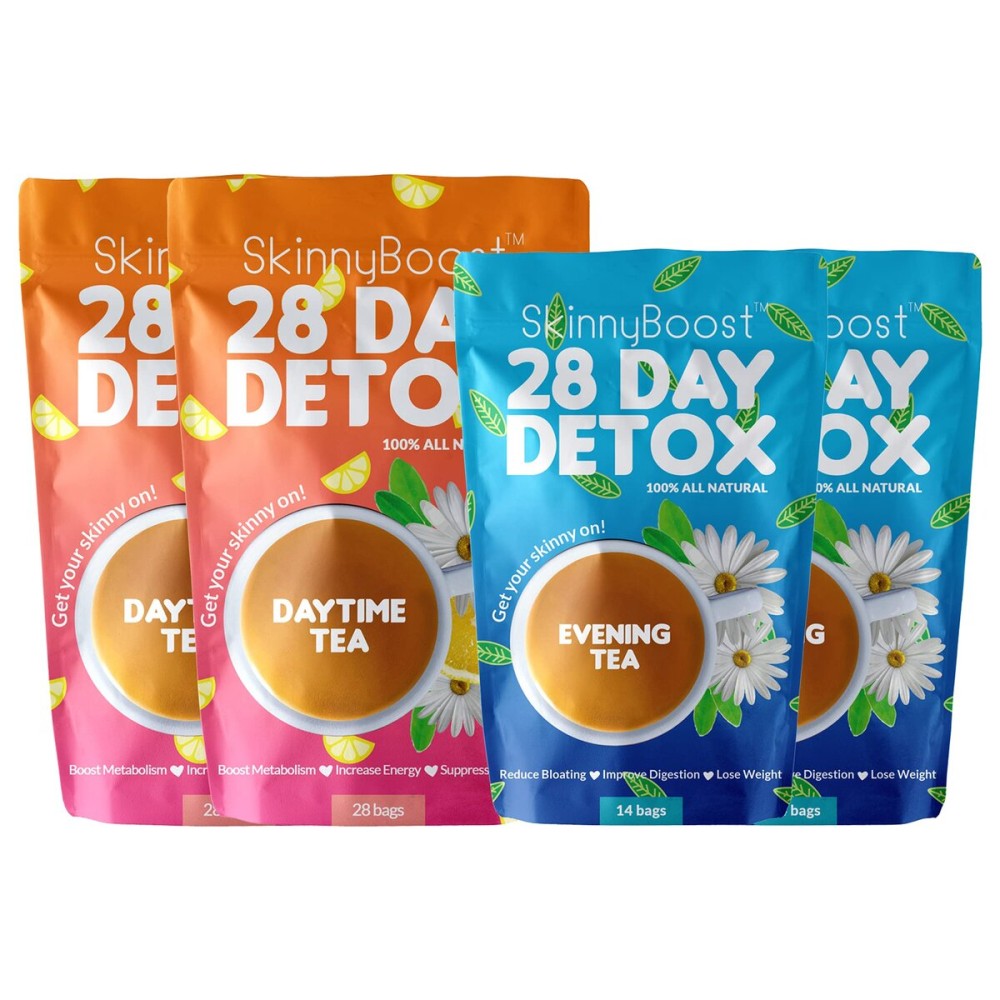 Skinny Boost Detox Tea Kit - 4 PACK - 2 Daytime Teas (56 Bags) 2- Evening Teas (28 Bags) - Herbal Detox for Weight, Metabolism, Energy, Bloating & Colon Cleanse - Green Tea, Vegan, Keto, Non-GMO, Sugar-Free