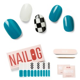 NAILOG Semi Cured Gel Nail Strips (20 Extra Long Checkered Polish Stickers/Wraps)  Glossy & Long Lasting Soft Gel Finishing (Full Speed)