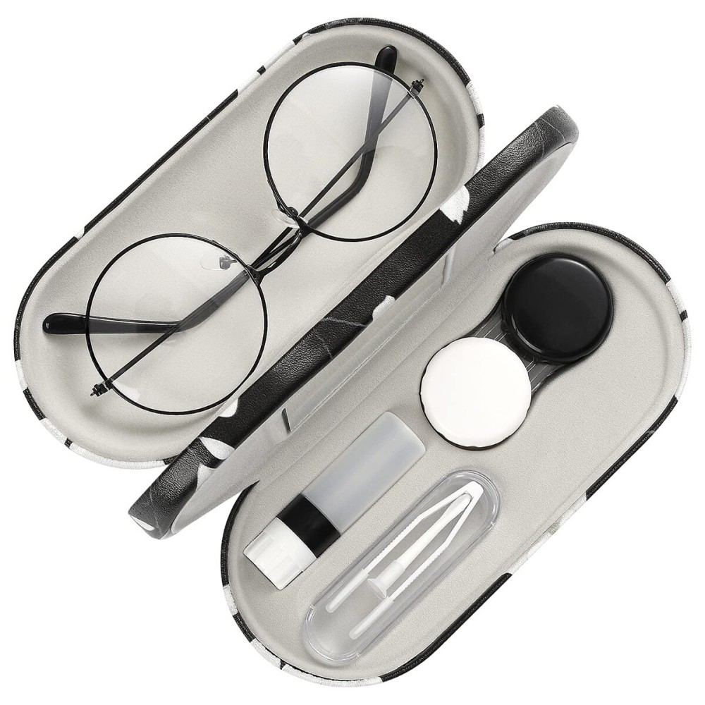 MoKo Double Eyeglass Case, Contact Lens Case with Mirror Tweezers Remover, 2 in 1 Double Sided Portable Contact Lens Box Holder Container Soak Storage Kit Sunglasses Pouch for Men & Women