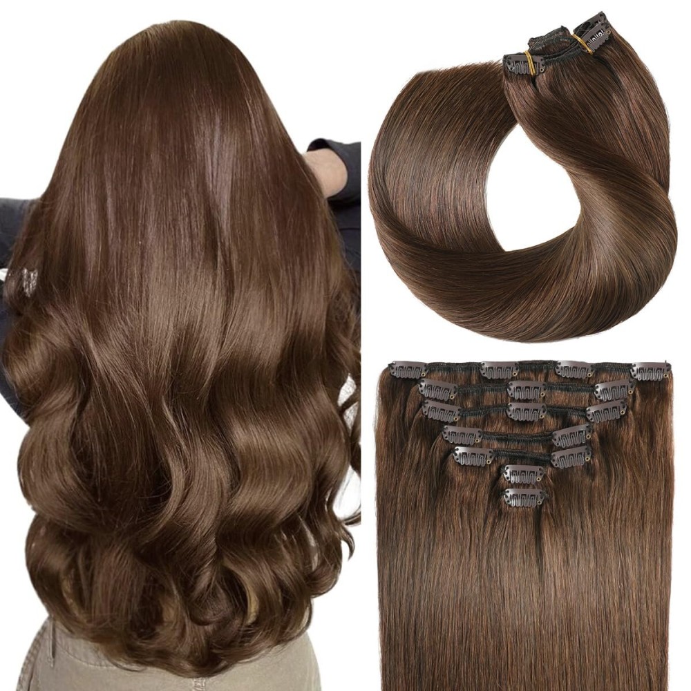SUYYA Real Human Hair Extensions, Chocolate Brown & Dark Brown, Straight, Double Weft, Clip ins, 7pcs 120g (22 inches)