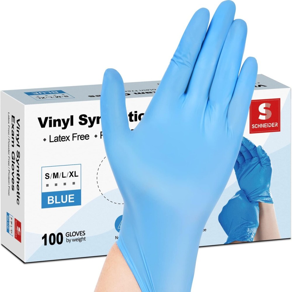 Schneider Blue Vinyl Synthetic Exam Gloves, Large, Box of 100, 4 Mil, Powder-Free, Latex-Free, Non-Sterile, Disposable Gloves