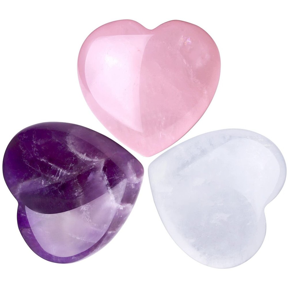 QINJIEJIE 1.2 Large Heart Crystals Rose Quartz Amethyst Healing Clear Crystal Heart Shape Love Stones Gemstones Stone Polished Thumb Gemstones Therapy Reiki Energy Balancing Gifts 3 Pcs