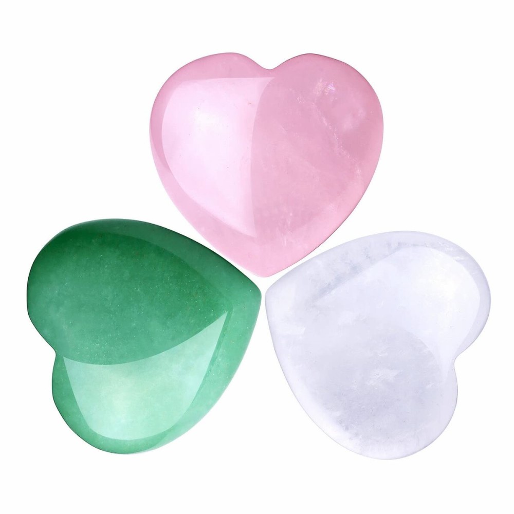 QINJIEJIE 3 PCS 1.2 Large Heart Crystals Rose Quartz Clear Crystal Green Aventurine Healing Natural Love Heart Shape Stones Polished Thumb Gemstones Therapy Reiki Energy Balancing Gifts