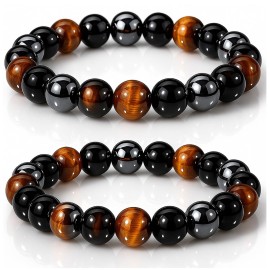 WFJ Black Obsidian Hematite Triple Protection Bracelets Set - Tiger Eye Beaded Natural Stone Bracelet for Men Women Gemstone (10MM)