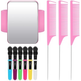 Geiserailie 10 Pcs Hair Styling Tools Set Magnetic Gel & Silicone Wristband for Stylists and Braiders, Wrist Strap, 3 Rat Tail Combs and 6 Plastic Clips(Pink Wrist Strap)