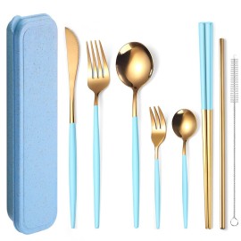 AARainbow 8 Pieces Stainless Steel Flatware Set Portable Reusable Cutlery Set Travel Utensils Set Including Chopsticks Knife Fork Spoon Straws Cleaning Brush Dishwasher Safe (Light blue Golden)