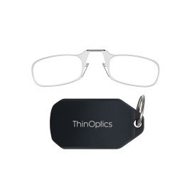 ThinOptics Keychain Case and Readers Rectangular Reading Glasses, Clear Frames / Black Case, 44 mm + 1.5