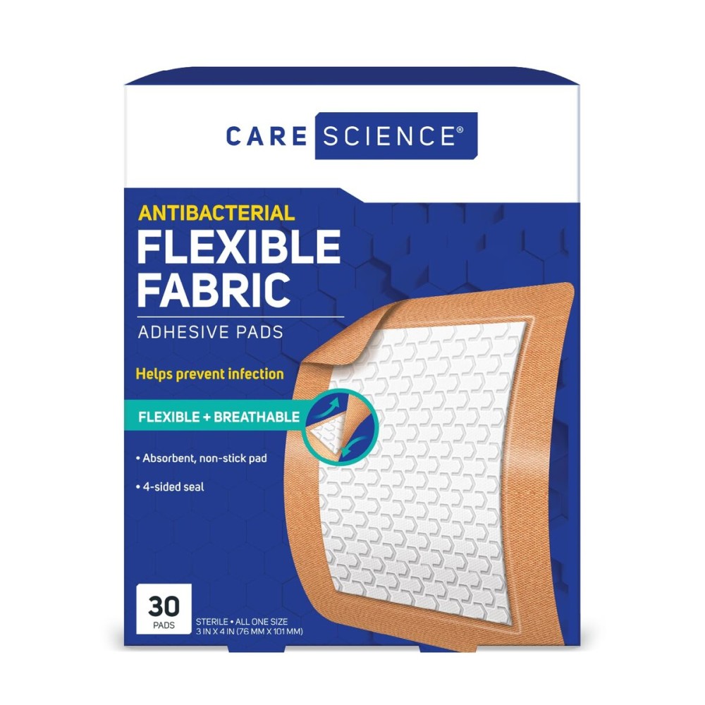 Care Science Fabric Adhesive Pad Bandages, 3x4 inches Extra Large Flexible Non-Stick Strip, Helps Prevent Infection, Breathable Protection, for First Aid & Wound Care, 30 Count