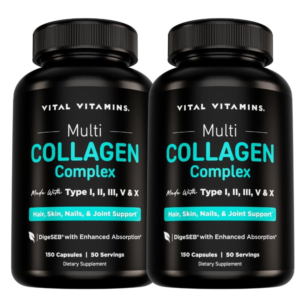 Vital Vitamins Multi Collagen Pills for Women & Men (2-Pack) - Hydrolyzed Collagen Peptides - Type I, II, III, V, X - Grass Fed, Non-GMO