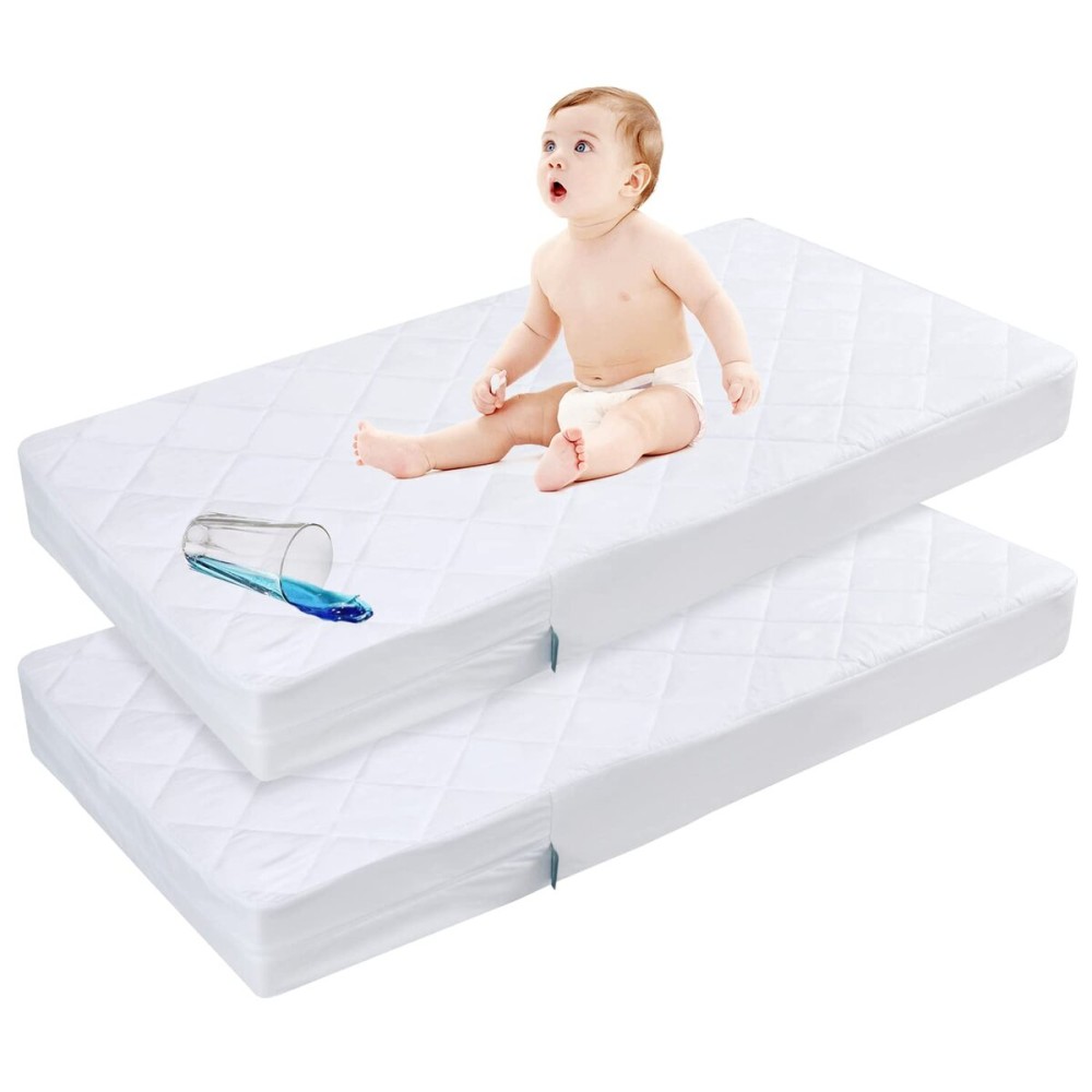 Zippered Crib Mattress Protector - Waterproof Crib Mattress Encasement, Breathable and Absorbent, 6 Sides Fully Encased Cover, 2 Pack, Microfiber