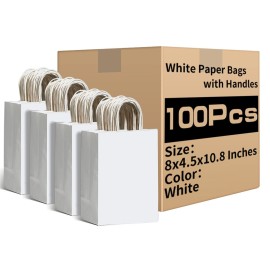 RACETOP White Paper Bags with Handles Bulk 8x4.5x10.8 100Pcs Gift Bags Medium Size, White Gift Bags with Handles, Gift Bag Bulk for Retail, Party, Shopping, Merchandise