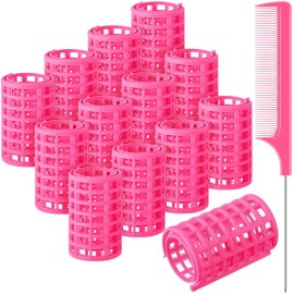 Syhood 12 Pcs Plastic Hair Rollers for Women Large Size Curlers Set Snap Roller Clips with Rat Tail Comb for Long Medium Short Hair Bangs, Salon Hairdressing Styling Tool(2.6 x 1.4 Inch,Pink)
