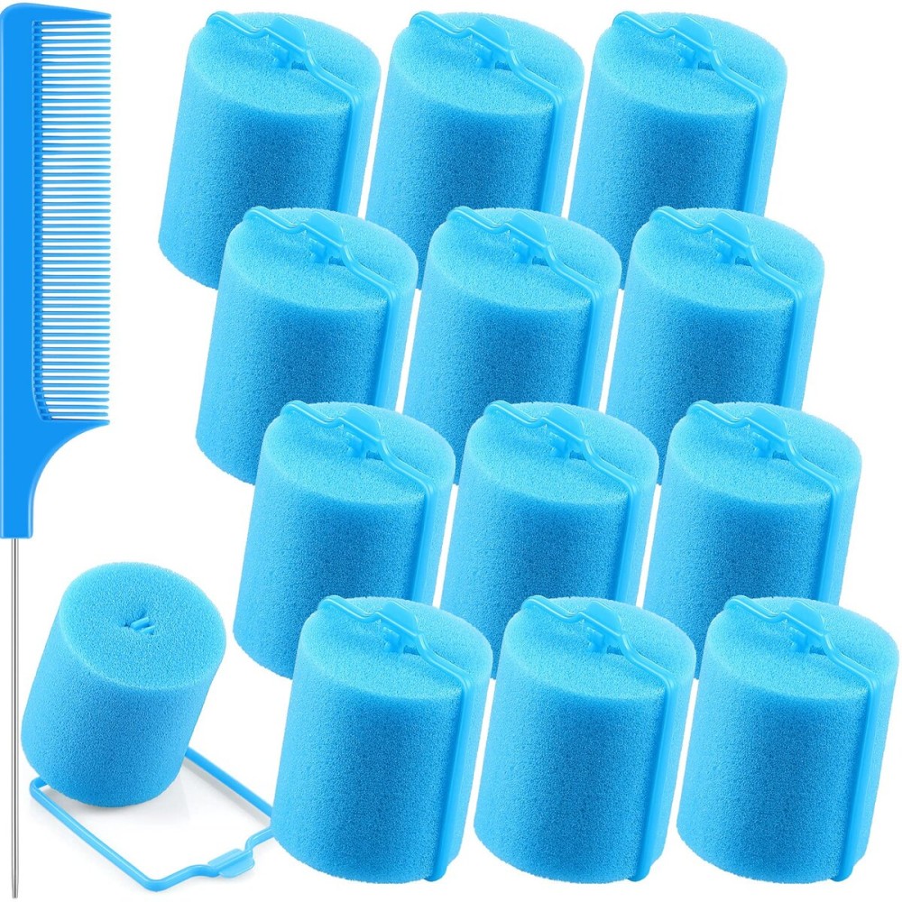 Syhood 12 Pcs Jumbo Foam Sponge Hair Rollers 1.89 Inch Soft Sleeping Curlers Flexible Large Foam Rollers and Rat Tail Comb for Hair Styling(Blue)