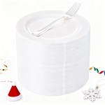 WELLIFE 100 Pieces White Plastic Dessert Plates with 100pcs Silver Disposable Forks, Premium Hard Salad Plate 7.5, Appetizer Plastic Plates for Wedding, Party