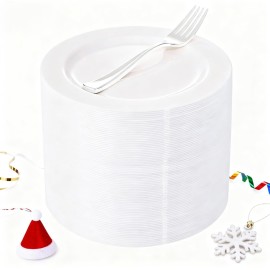 WELLIFE 100 Pieces White Plastic Dessert Plates with 100pcs Silver Disposable Forks, Premium Hard Salad Plate 7.5, Appetizer Plastic Plates for Wedding, Party