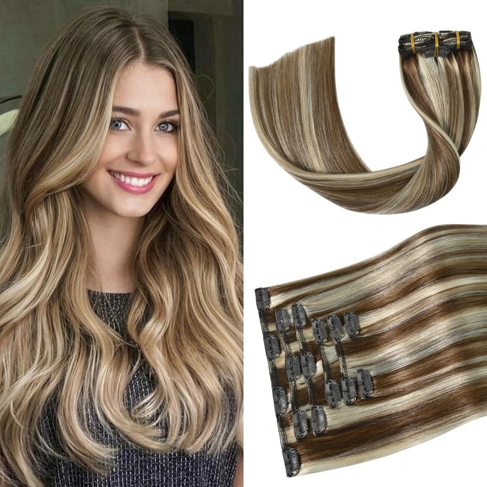 Aison Balayage Clip in Hair Extensions Real Human Hair 70G Light Brown to Blonde Highlights 100% Remy Human Hair Extensions 7pcs 16clips for Women 20 Inch