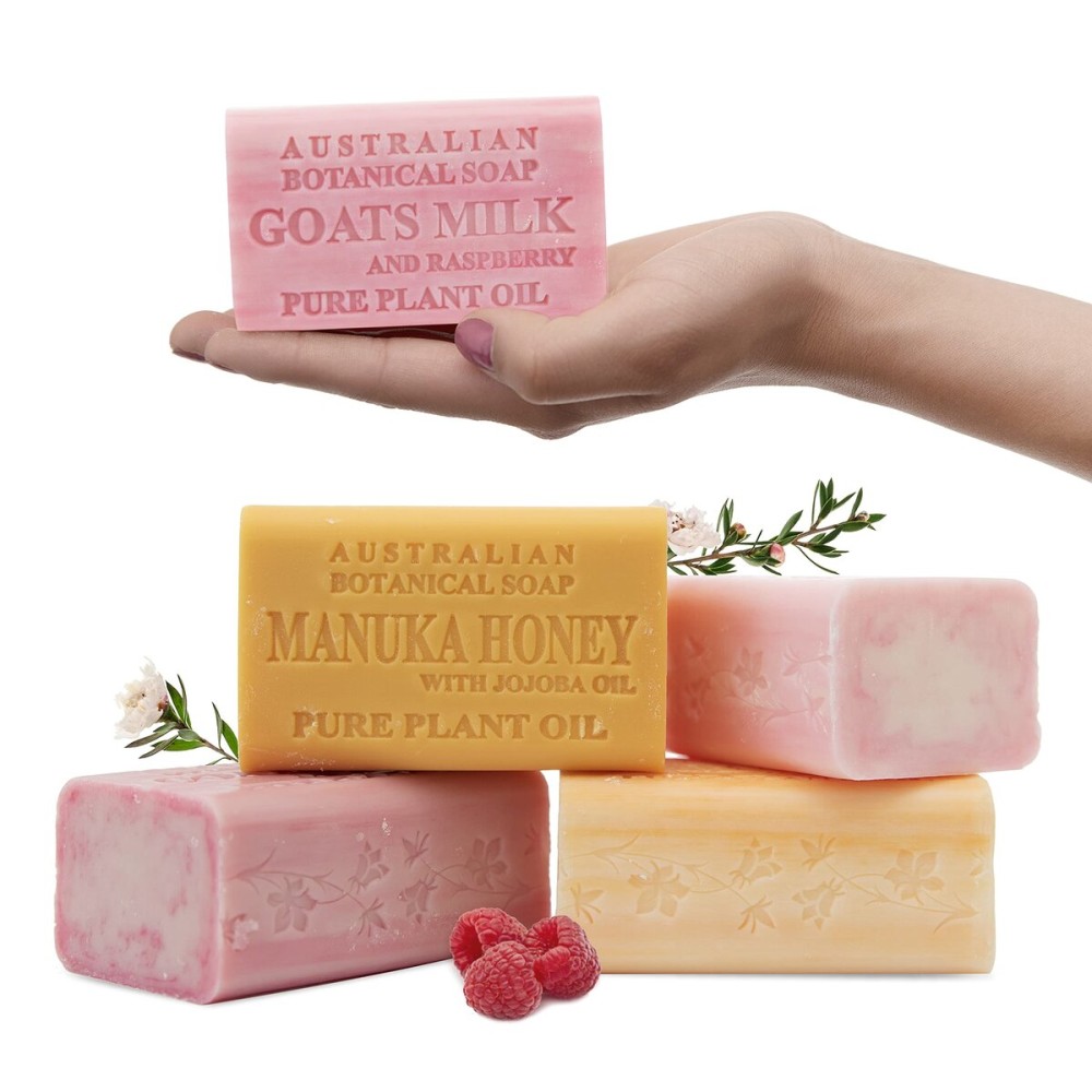 Australian Botanical Goats Milk Soap, Raspberry, Manuka Honey, Pink Lychee and Valencia Orange 6.6 OZ, Luxury Soap Bars Enriched with Shea Butter, Suitable for all Skin Types, Pack of 4