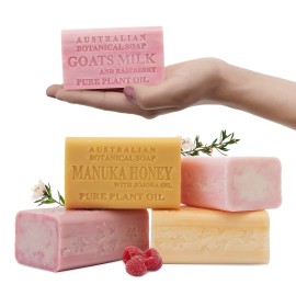 Australian Botanical Goats Milk Soap, Raspberry, Manuka Honey, Pink Lychee and Valencia Orange 6.6 OZ, Luxury Soap Bars Enriched with Shea Butter, Suitable for all Skin Types, Pack of 4