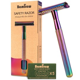 Bambaw Double Edge Safety Razor with 5 Safety Razor Blades, Women & Mens Safety Shaving Razor, Reusable Razor, Plastic Free - Rainbow