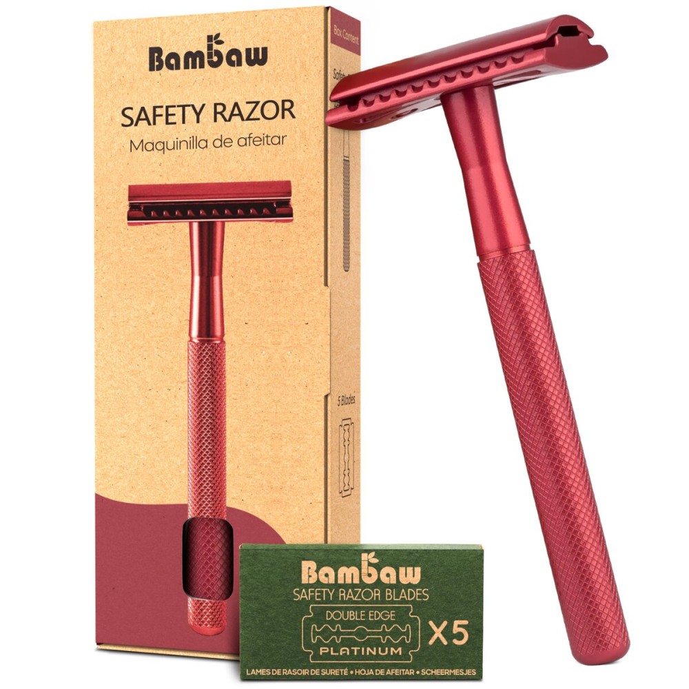 Bambaw Single Blade Double Edged Safety Razor with 5 Blades, Durable Metal Razor for Men & Women, Reusable & Plastic Free Double Edge Safety Razors for Men - Red