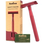 Bambaw Single Blade Double Edged Safety Razor with 5 Blades, Durable Metal Razor for Men & Women, Reusable & Plastic Free Double Edge Safety Razors for Men - Red