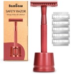 Bambaw Double Edge Safety Razor with Stand, Safety Shaving Razor with 5 Double Edge Safety Razor Blades, Eco-Friendly Razor for Shaving - Red