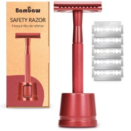 Bambaw Double Edge Safety Razor with Stand, Safety Shaving Razor with 5 Double Edge Safety Razor Blades, Eco-Friendly Razor for Shaving - Red