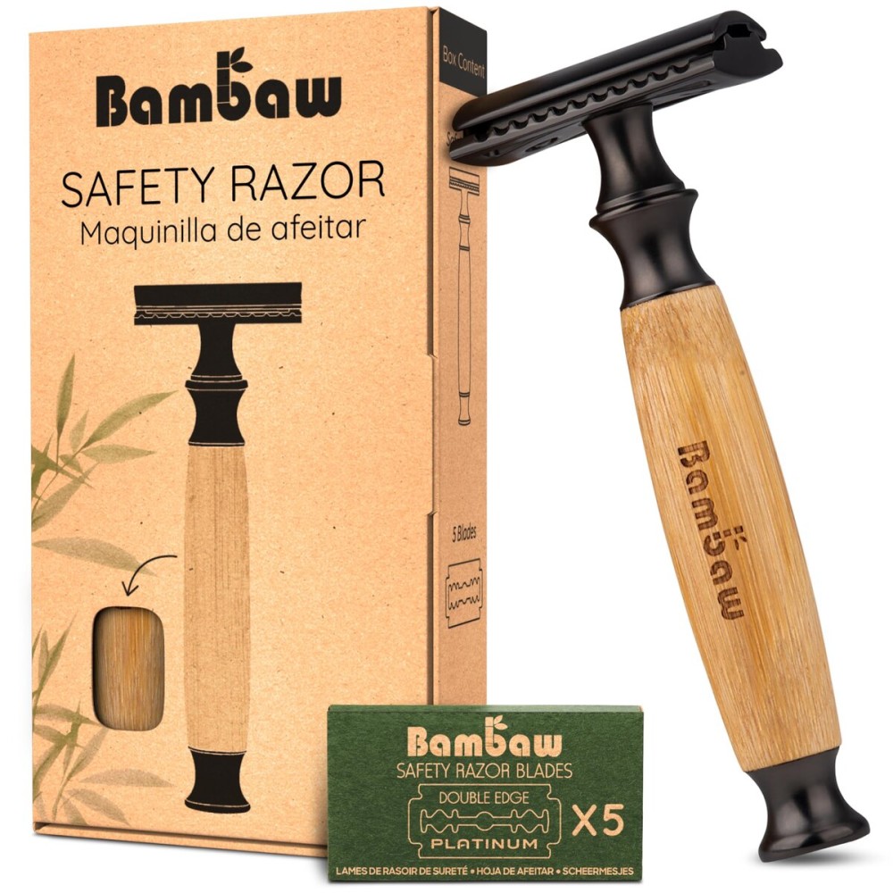 Bambaw Double Edge Safety Razor Men & Women with 5 Replacement Shaving Blades, Women Razor One Blade, Close & Smooth Shave (Thick Bamboo Black)