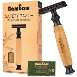 Bambaw Double Edge Safety Razor Men & Women with 5 Replacement Shaving Blades, Women Razor One Blade, Close & Smooth Shave (Thick Bamboo Black)