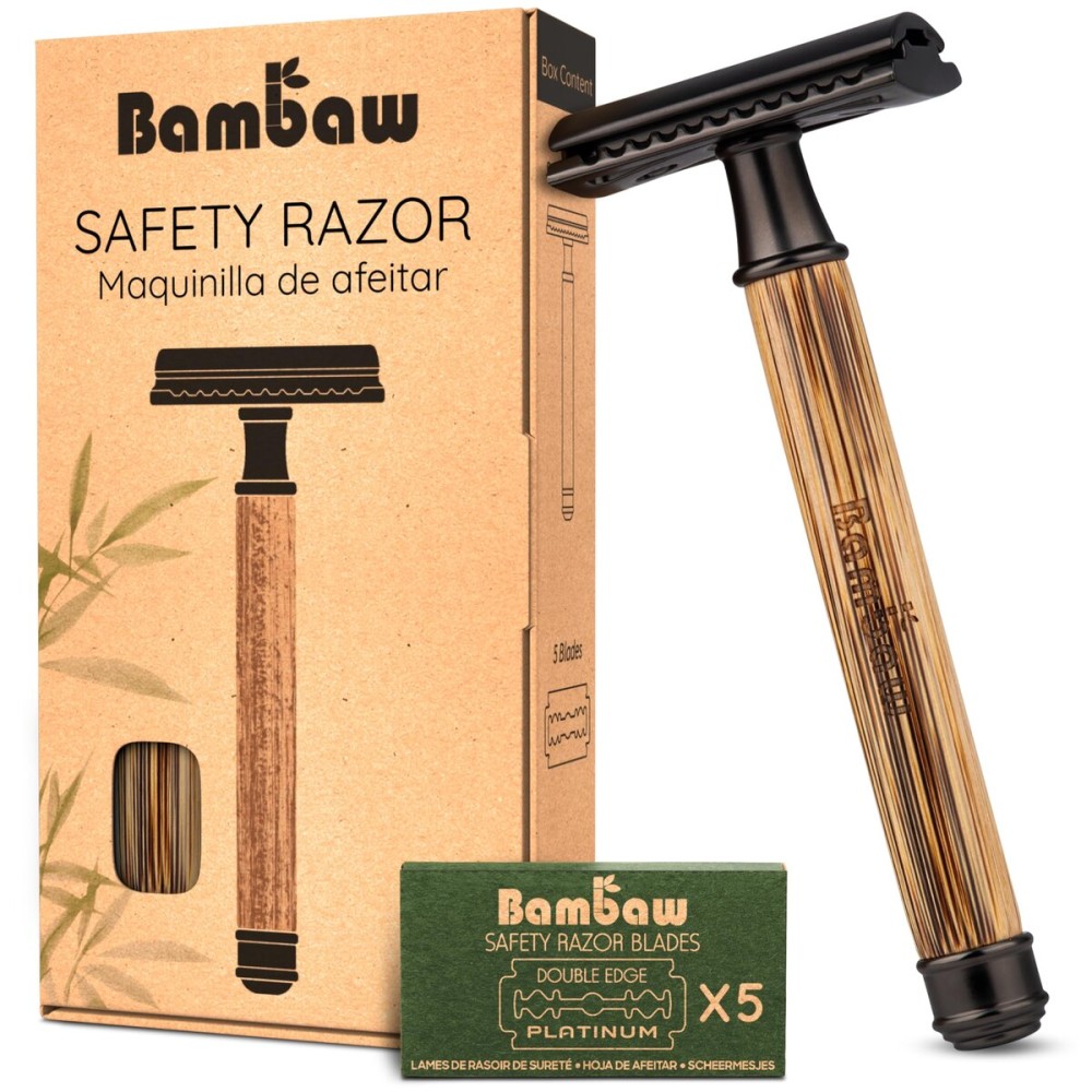 Bambaw Single Blade Razors for Men & Women, Bamboo Razor with 5 Blades, Double Edge Safety Razor, Eco-Friendly, Reusable & Plastic Free - Slim Bamboo Black