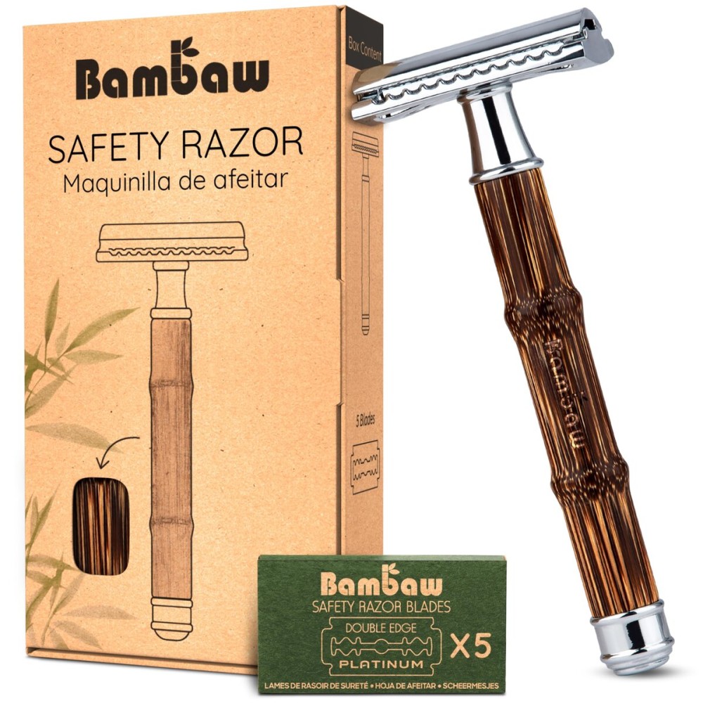 Bambaw Double Edge Safety Razor for Women & Men, Double Edge Razors with 5 Blades, Reusable Single Blade Razor, Eco-Friendly & Plastic Free - Slim Bamboo Silver