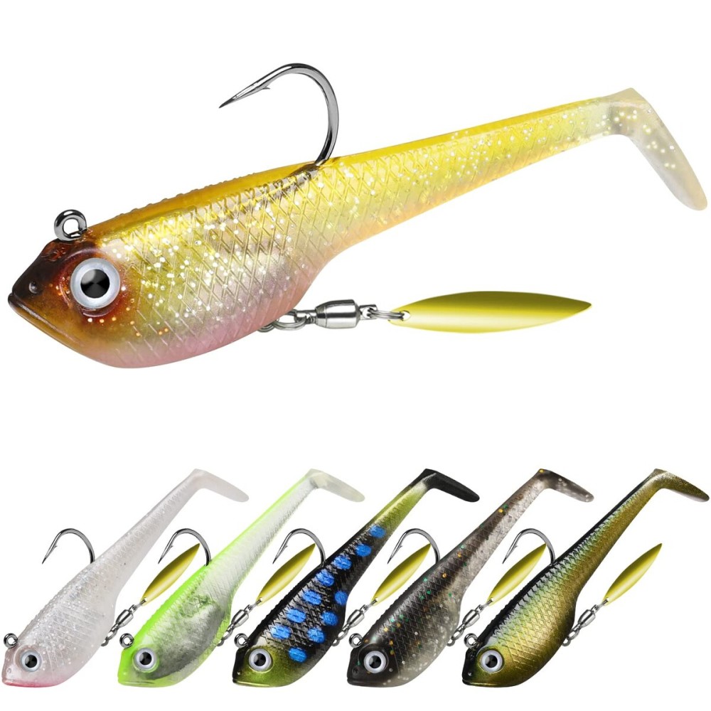 GOTOUR Pre-Rigged Soft Fishing Lures, Curly Tail Swimbait Lures for Bass Fishing, Lifelike Soft Tadpole Swimbait with Spinner for Crappie Trout, All Season Freshwater Bait for Warriors