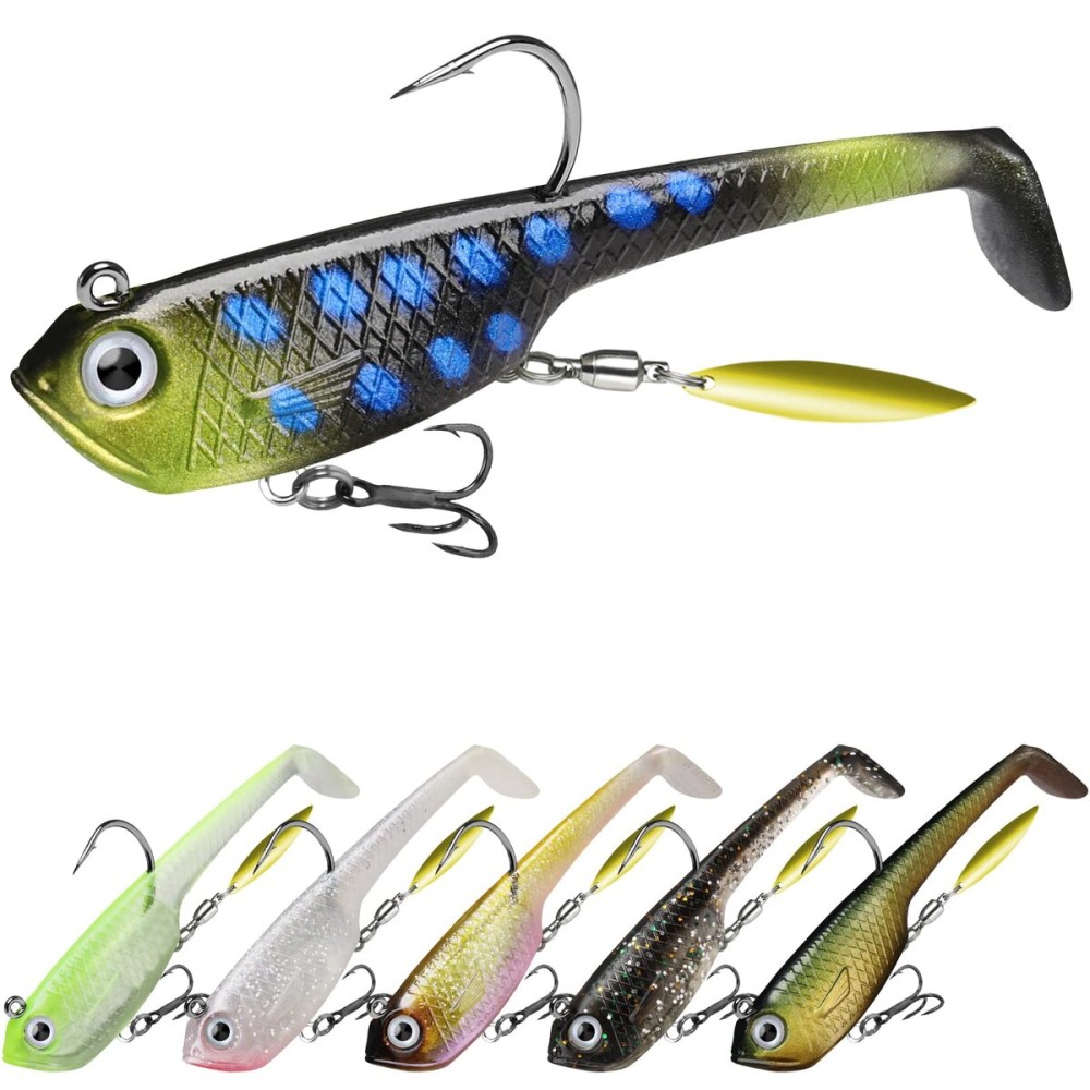 GOTOUR Pre-Rigged Soft Fishing Lures, Curly Tail Swimbait Lures for Bass Fishing, Lifelike Soft Tadpole Swimbait with Spinner for Crappie Trout FishingAll Season Freshwater Fishing Bait for Warriors