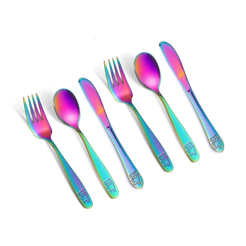 Pimoys 6 Pieces Rainbow Kids Silverware Stainless Steel Child and Toddler Utensils, Children\'s Safe Flatware Metal Cutlery Set Includes 2 Children Knives, 2 Forks & 2 Spoons