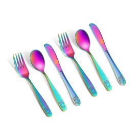Pimoys 6 Pieces Rainbow Kids Silverware Stainless Steel Child and Toddler Utensils, Children\'s Safe Flatware Metal Cutlery Set Includes 2 Children Knives, 2 Forks & 2 Spoons