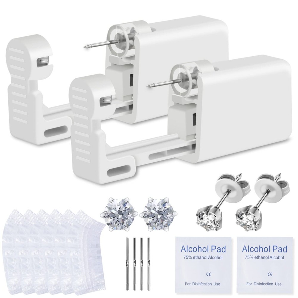 Ear Piercing Kit, Anzero 2 Pcs Disposable Ear Piercing Gun with Preloaded Ear Stud, at Home Self Ear Piercing Gun Kit - 4MM Earrings Stud