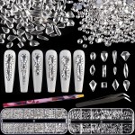Multi Shapes Transparent White 3D Glass Crystal Nail Art Rhinestones Kit with Flatback Round Bead Charm Gem Stone Jewelry Diamond with Pickup Pen + Tweezer for Manicure Makeup DIY Craft Decoration