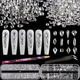 Multi Shapes Transparent White 3D Glass Crystal Nail Art Rhinestones Kit with Flatback Round Bead Charm Gem Stone Jewelry Diamond with Pickup Pen + Tweezer for Manicure Makeup DIY Craft Decoration