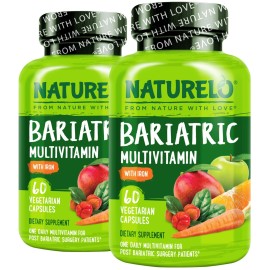 NATURELO Bariatric Multivitamin - One Daily with Iron - Supplement for Post Gastric Bypass Surgery Patients - Natural Whole Food Nutrition - 60 Veggie Capsules (Pack of 2)
